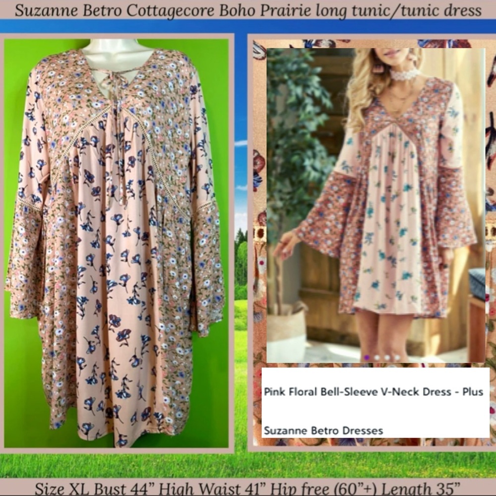 SUZANNE BETRO XL BLUSH PINK 2 FLORAL PRINT TUNIC DRESS COTTAGE FAIRY PRAIRIE GUC